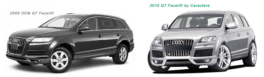 Image comparison of facelifed OEM Audi Q7 and Audi Q7 body kit styling modifications by Caractere