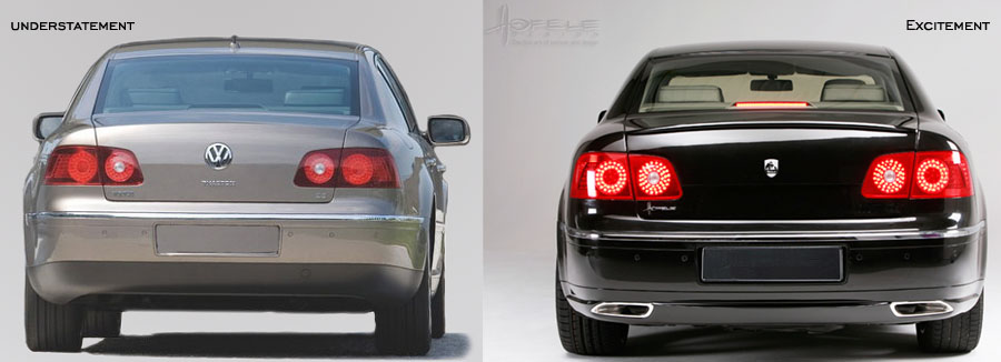 Photo comparison of OEM VW Phaeton (on left) and Hofele modified VW Phaeton (on right).