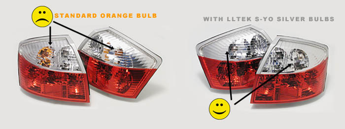 Half Krystal A4 8ETaillights with OEM bulbs (left) and LLTEK S YO bulbs (right)
