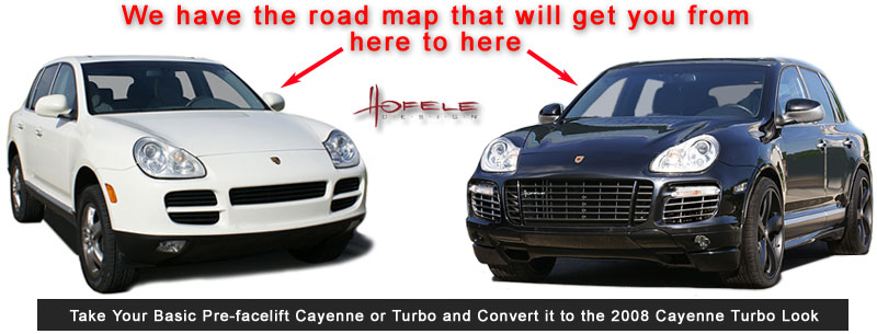 comparison illustration of OEM Porsche Cayenne 955 with Hofele Turbo Look Body Kit Styling